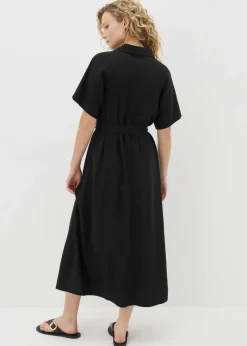 Black Linen Blend Midi Shirt Dress