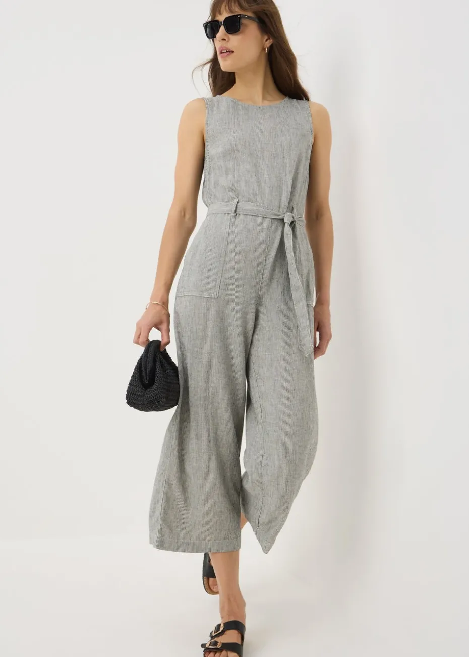 Black Linen Blend Monochrome Stripe Jumpsuit