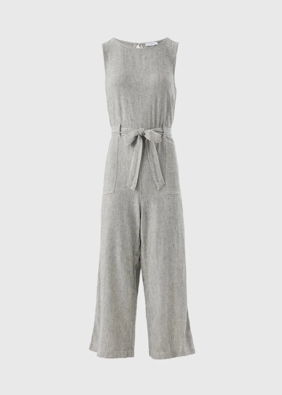 Black Linen Blend Monochrome Stripe Jumpsuit