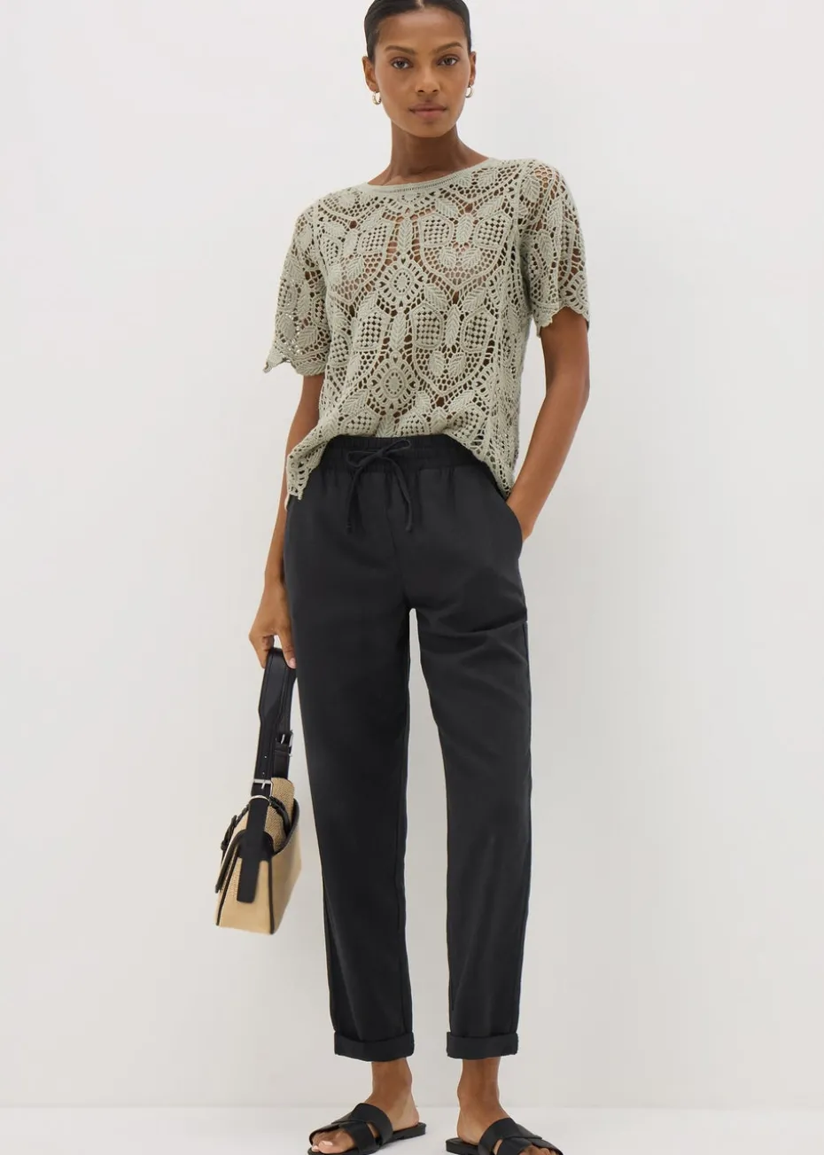 Black Linen Blend Tapered Trousers