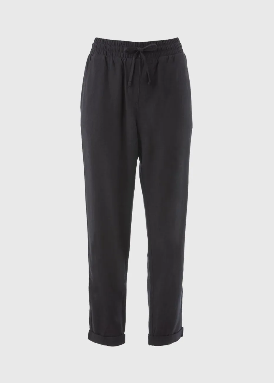 Black Linen Blend Tapered Trousers