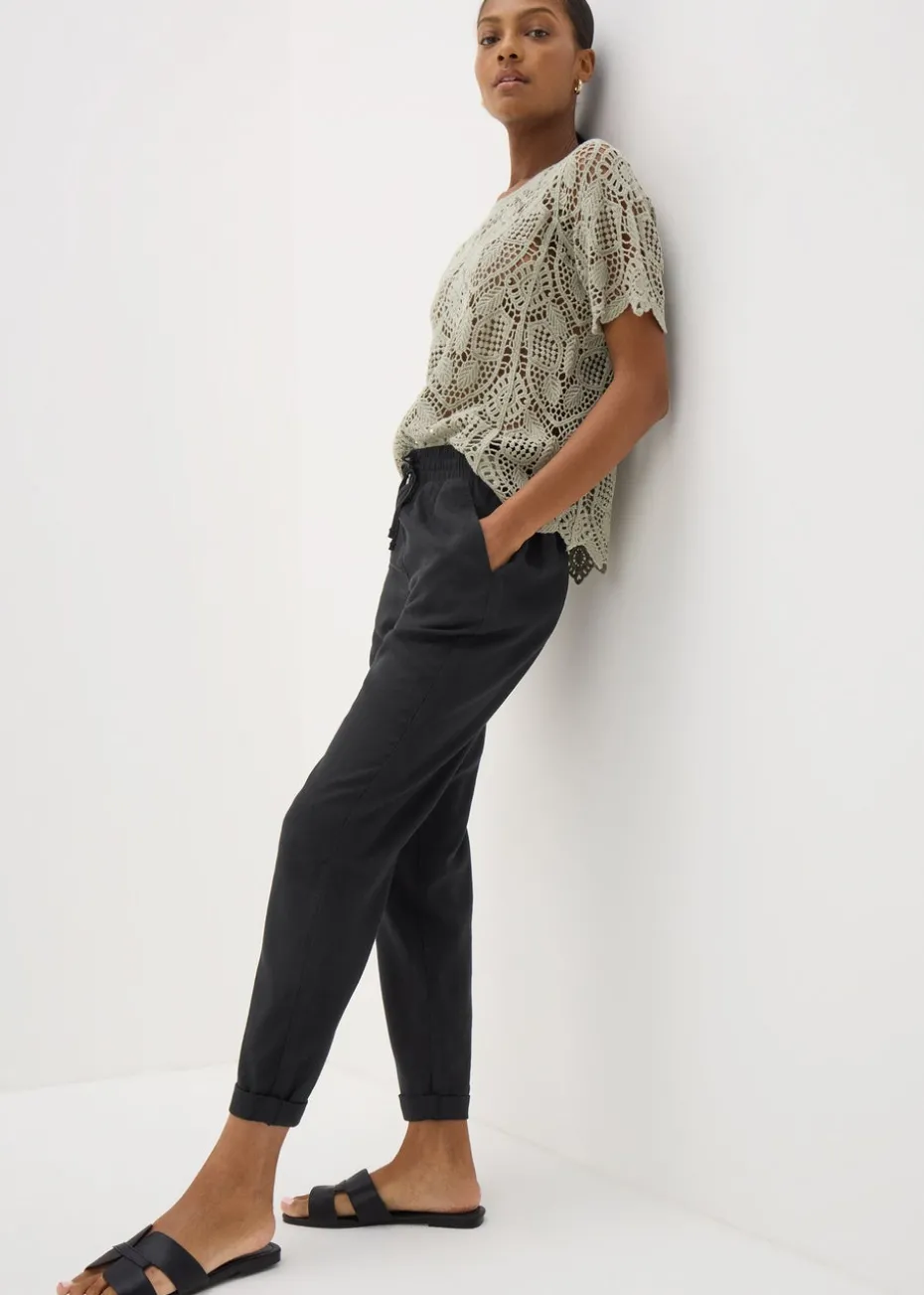 Black Linen Blend Tapered Trousers