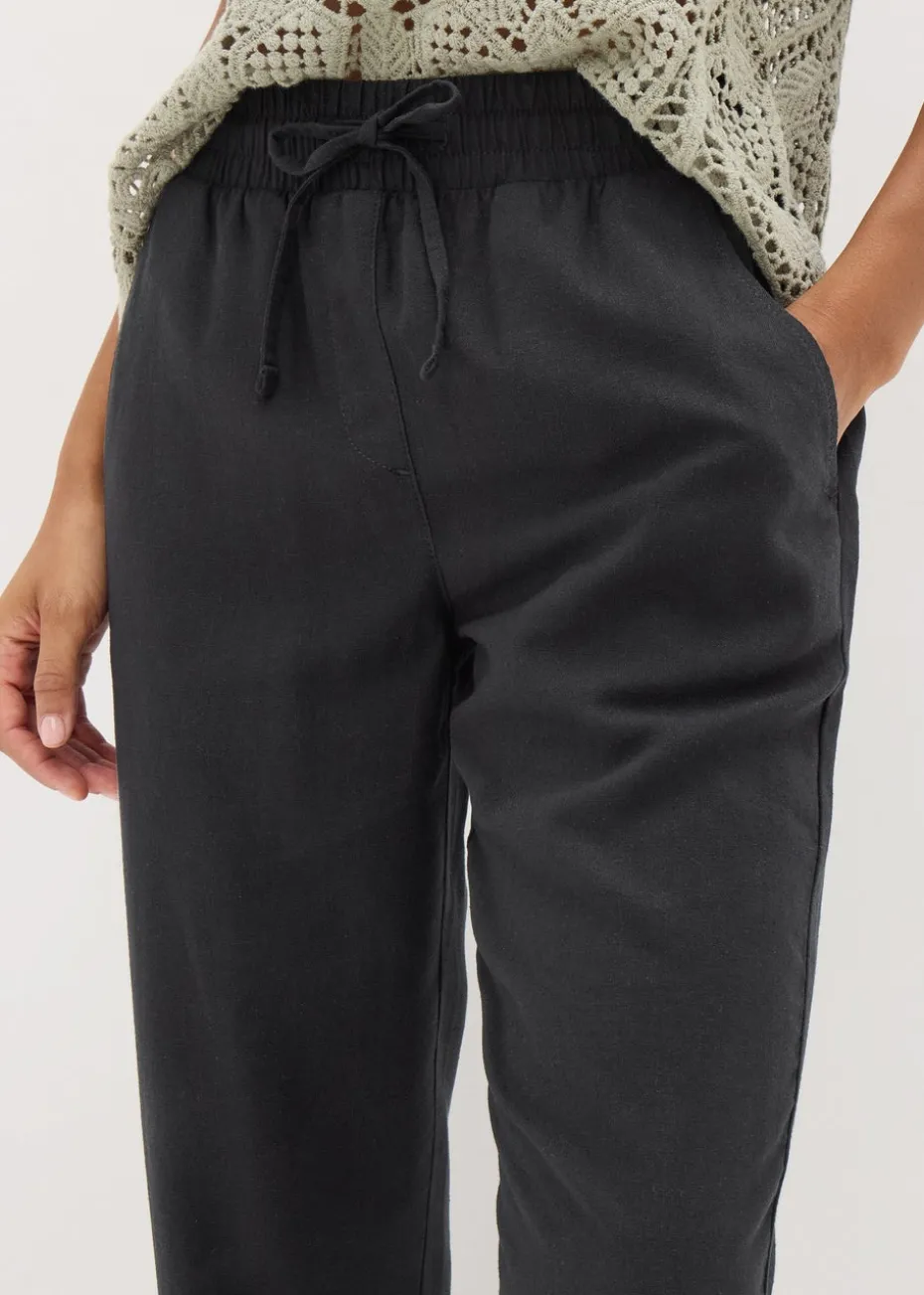 Black Linen Blend Tapered Trousers