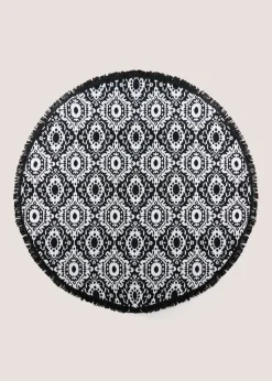 Black Mono Round Beach Towel
