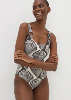 Black Mono Shell Print Ring Swimsuit