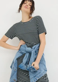 Black Mono Stripe T-Shirt Midi Dress