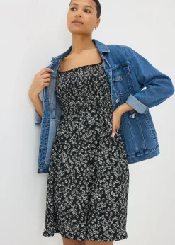 Black Monochrome Floral Shirred Mini Dress