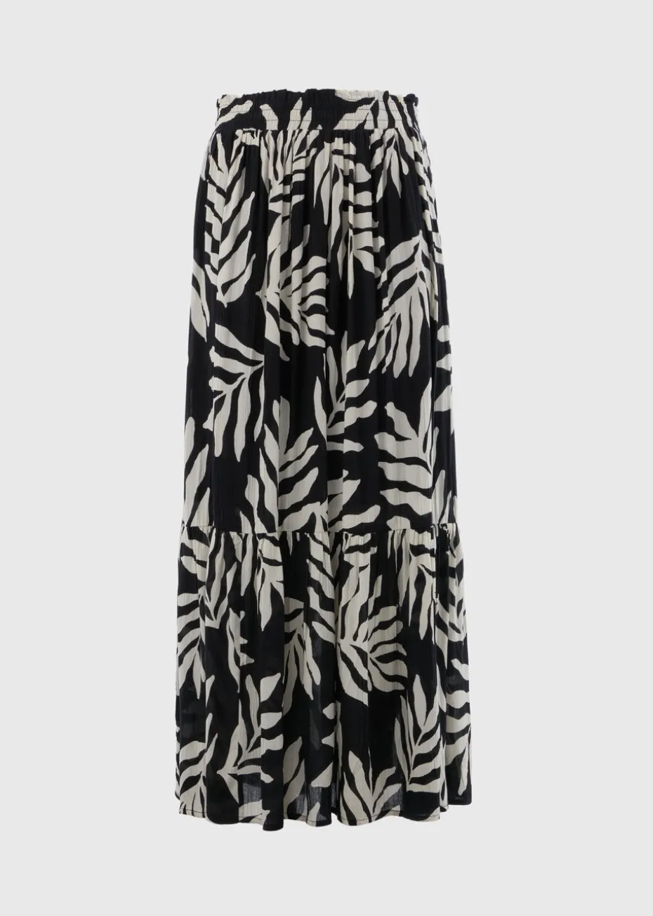 Black Monochrome Leaf Cheesecloth Maxi Skirt