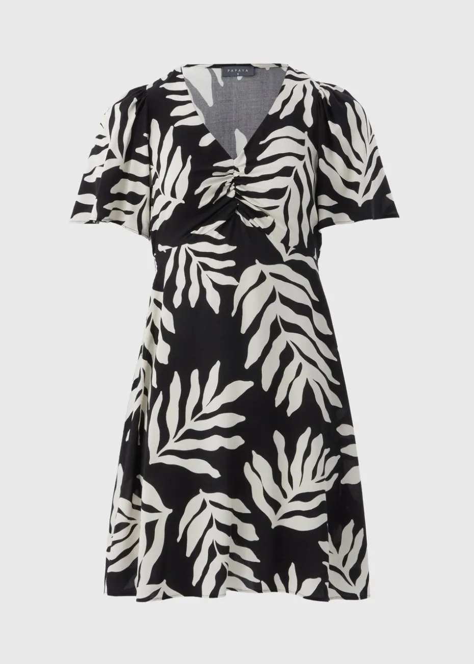 Black Monochrome Leaf Mini Tea Dress