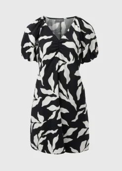 Black Monochrome Leaf Tie Waist Mini Dress.