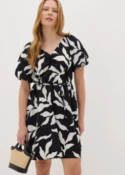 Black Monochrome Leaf Tie Waist Mini Dress.
