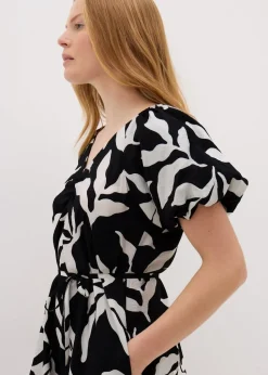 Black Monochrome Leaf Tie Waist Mini Dress.