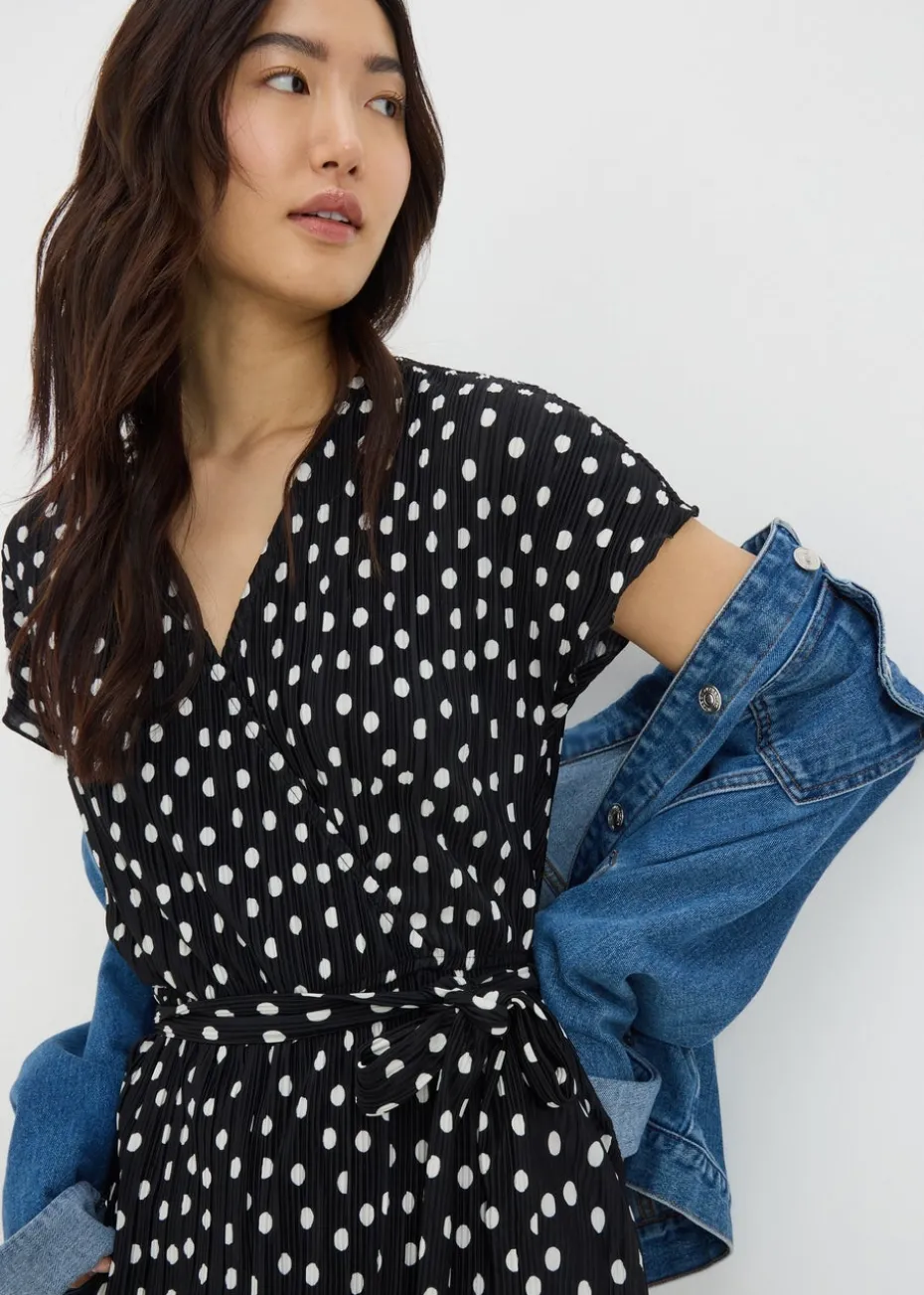 Black Monochrome Spot Plisse Culotte Jumpsuit