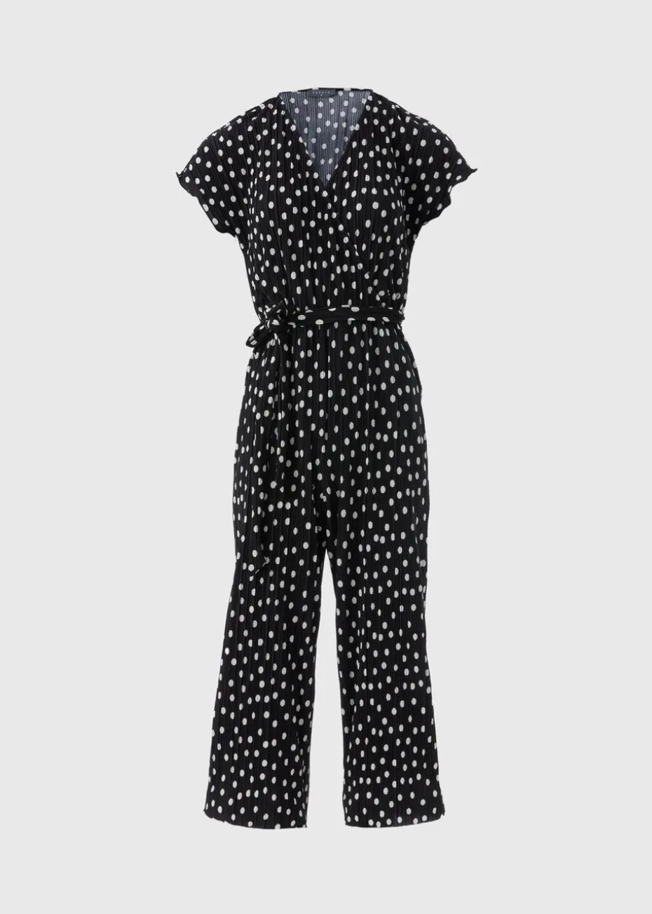 Black Monochrome Spot Plisse Culotte Jumpsuit