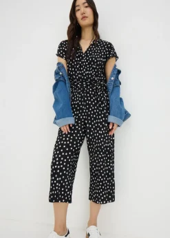 Black Monochrome Spot Plisse Culotte Jumpsuit