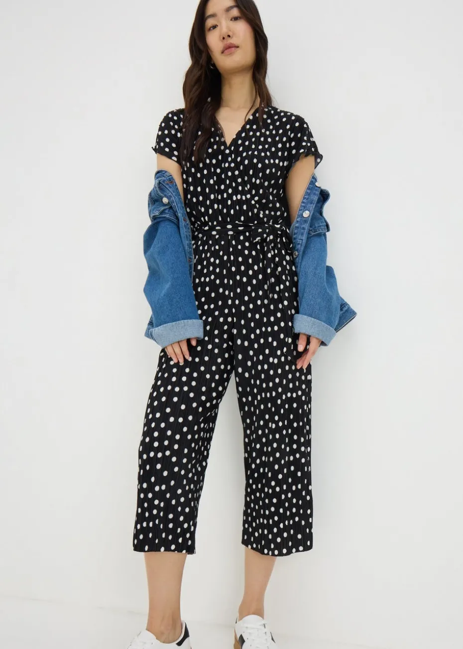 Black Monochrome Spot Plisse Culotte Jumpsuit
