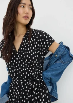 Black Monochrome Spot Plisse Culotte Jumpsuit