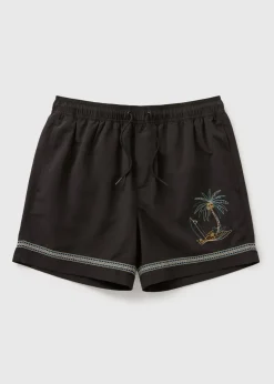 Black Palm Tree Embroidered Swim Shorts