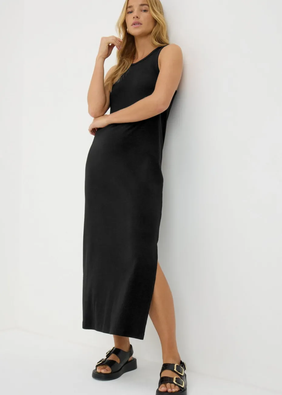 Black Racer Back Ribbed Midi Dress