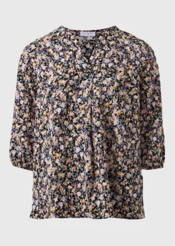 Black Seersucker Floral V-Neck Blouse