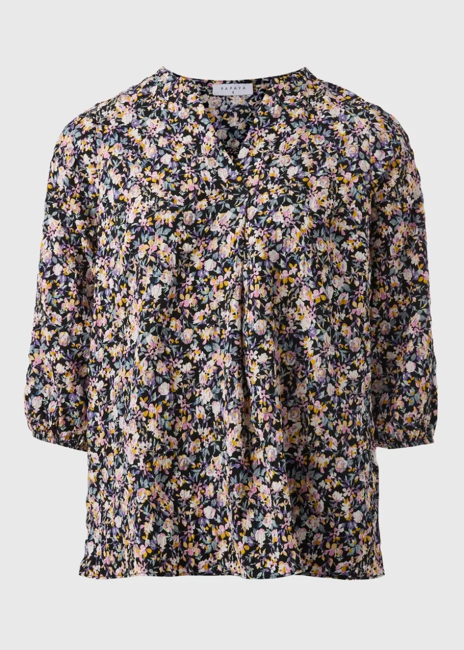 Black Seersucker Floral V-Neck Blouse