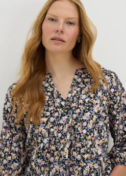 Black Seersucker Floral V-Neck Blouse