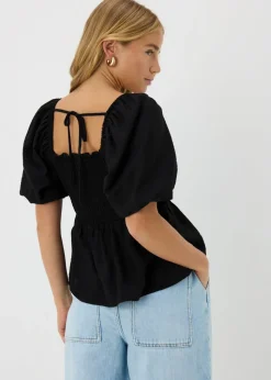 Black Shirred Tie Back Blouse