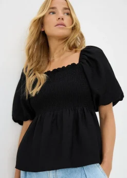 Black Shirred Tie Back Blouse