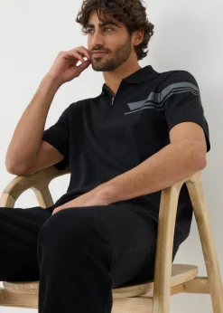 Black Shoulder Print 1/4 Zip Polo Shirt