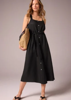 Black Square Neck Belted Midi Dress