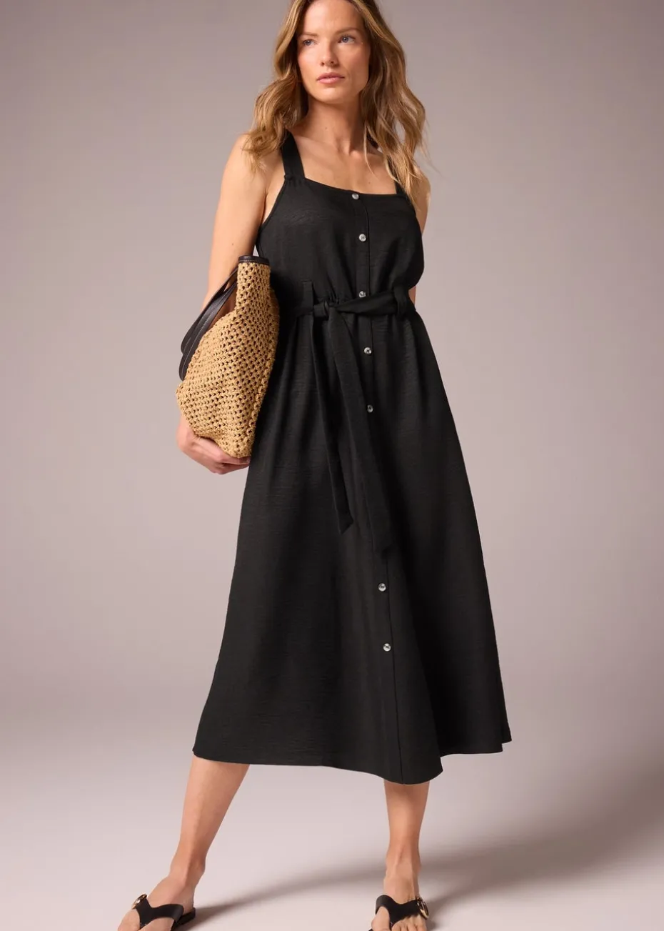 Black Square Neck Belted Midi Dress