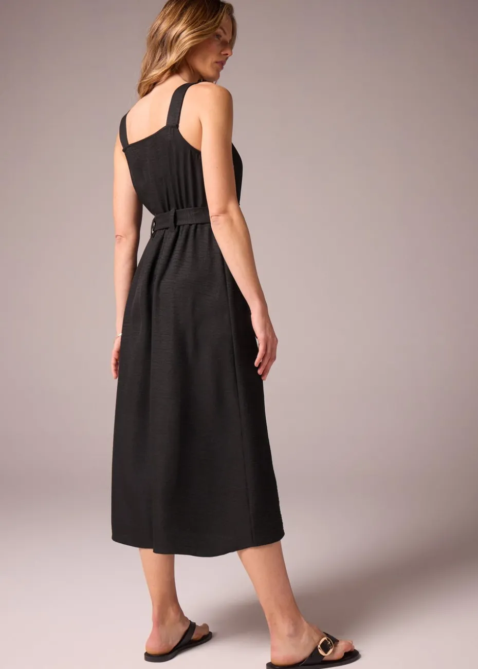 Black Square Neck Belted Midi Dress