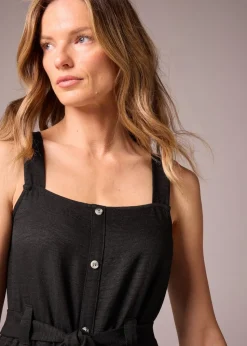 Black Square Neck Belted Midi Dress