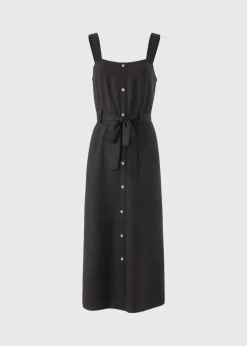 Black Square Neck Belted Midi Dress
