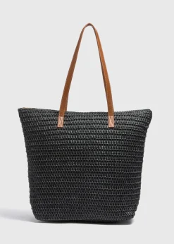 Black Straw Shopper Bag