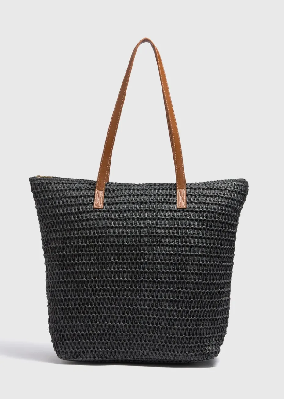 Black Straw Shopper Bag