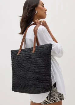 Black Straw Shopper Bag