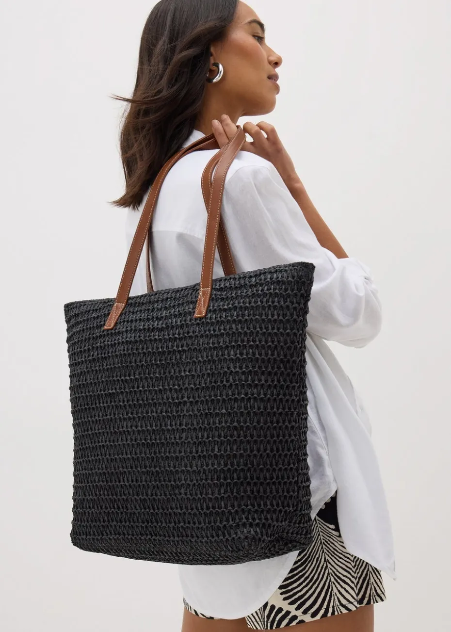 Black Straw Shopper Bag