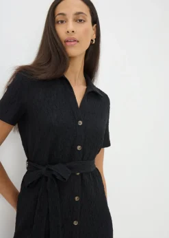 Black Textured Button Through Midi Dress