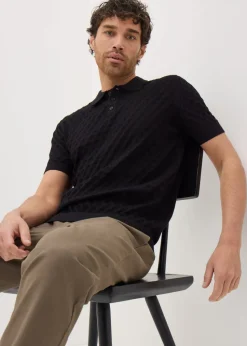 Black Textured Pointelle Polo Shirt