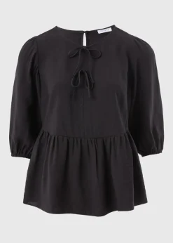 Black Tie Neck Peplum Blouse