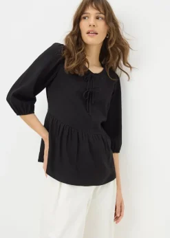 Black Tie Neck Peplum Blouse