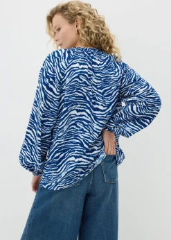 Blue Animal Print Tie Neck Blouse