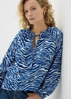 Blue Animal Print Tie Neck Blouse