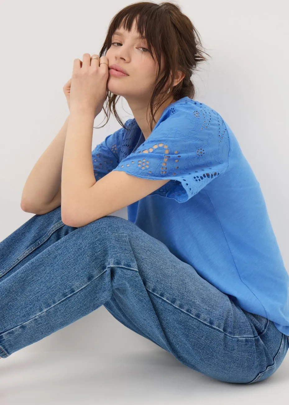 Blue Broderie Anglaise Raglan Sleeve T-Shirt