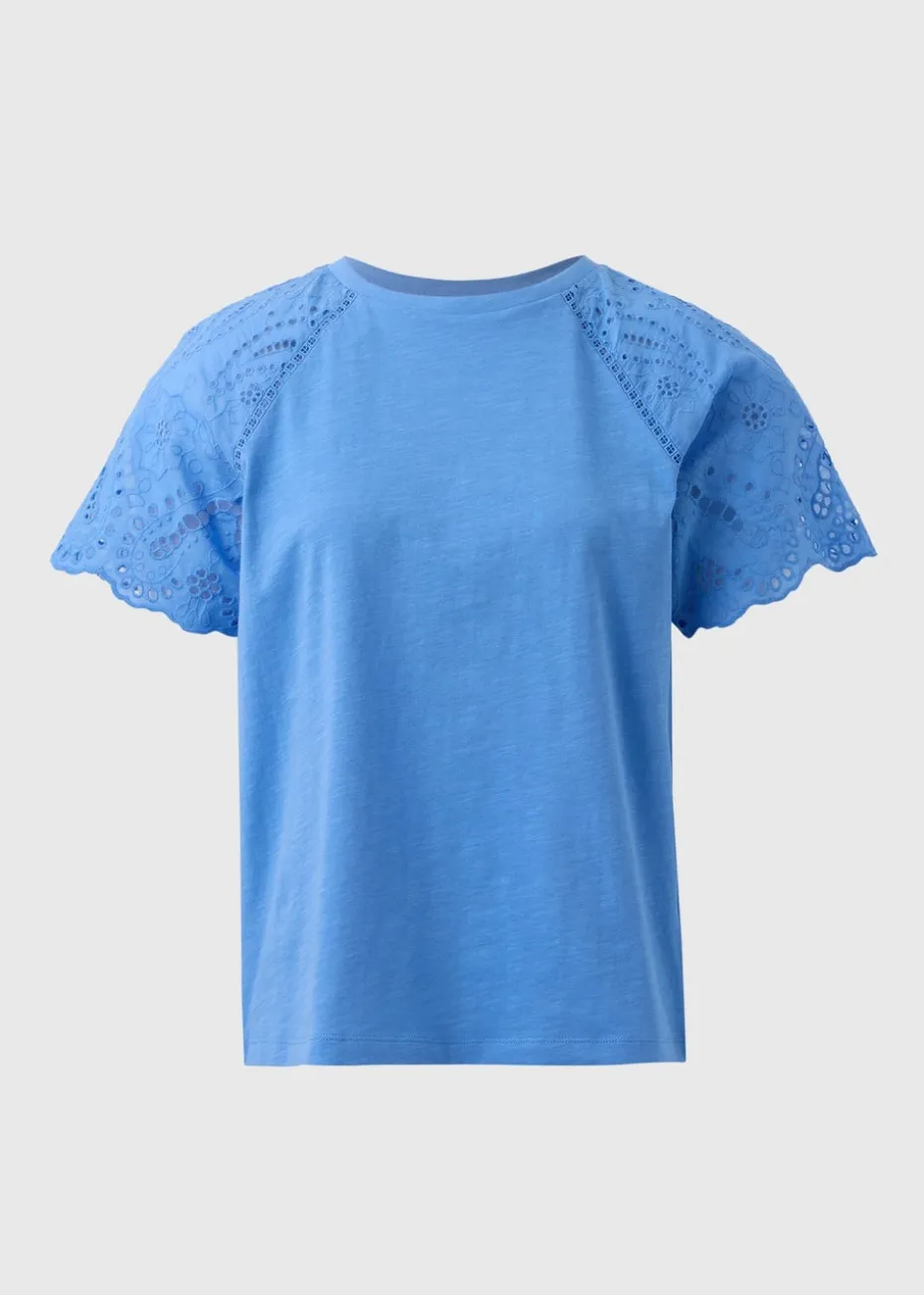 Blue Broderie Anglaise Raglan Sleeve T-Shirt