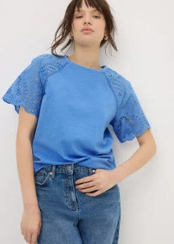 Blue Broderie Anglaise Raglan Sleeve T-Shirt