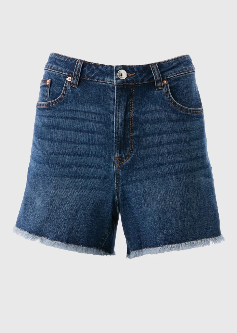 Blue Dark Wash Frayed Hem Denim Shorts