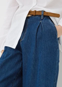 Blue Dark Wash Pleat Wide Leg Jeans