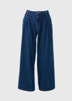 Blue Dark Wash Pleat Wide Leg Jeans